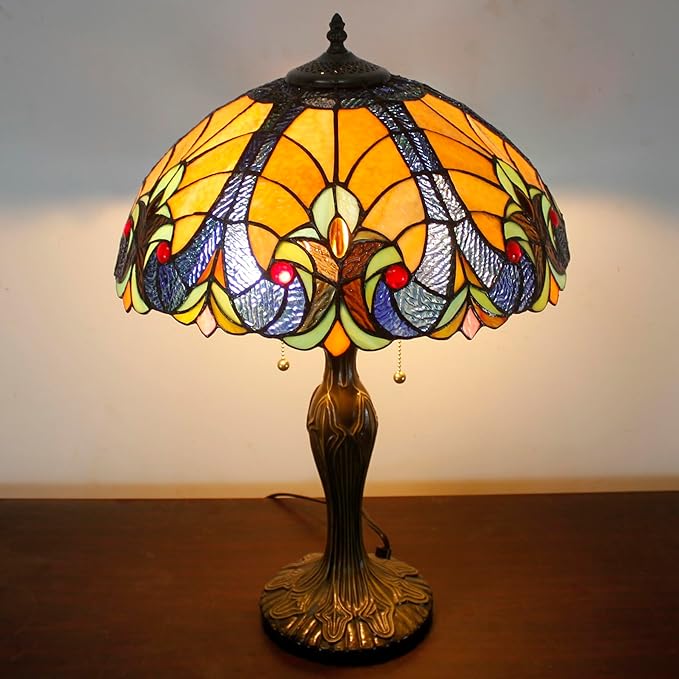 WERFACTORY Tiffany Table Lamp Yellow Liaison Stained Glass Bedside Lamp 16X16X24 Inches Desk Reading Light Metal Base Decor Bedroom Living Room Home Office S160E Series