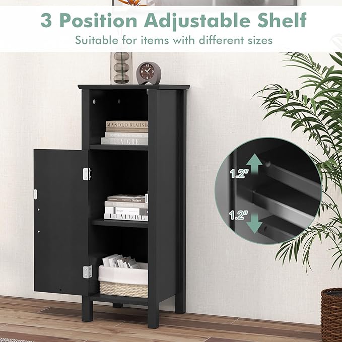 LDAILY LUARANE Wooden Bathroom Floor Storage Cabinet, Side Storage Organizer Cabinet with 1 Door Open Shelf Adjustable Shelves, Small Free Standing Sideboard for Entryway Living Room Kitchen (Black)