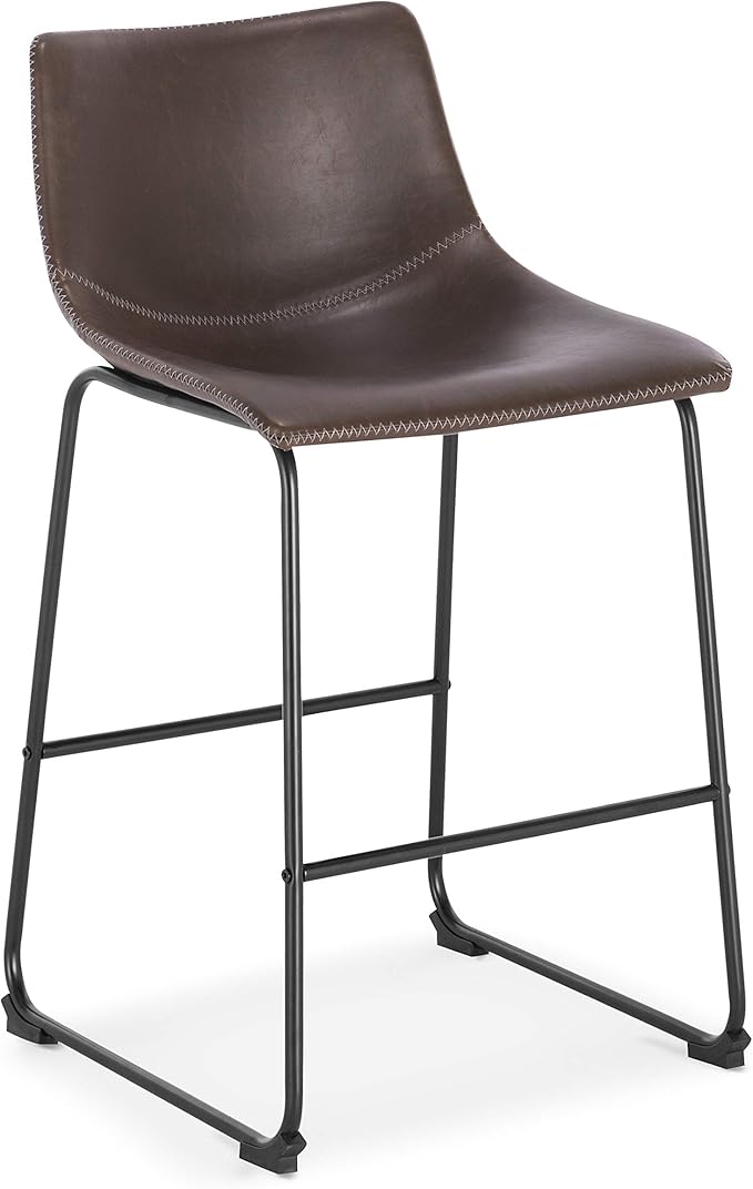 POLY & BARK Brinley Counter Stool Set of 3 – Modern Armless Counter-Height Stools with Gently Curved Backrest and Wood Legs – Brown – Faux Leather Seating for Kitchen Island or Breakfast Bar