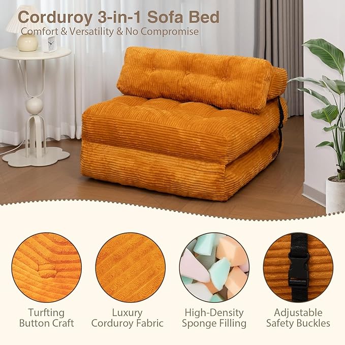 Folding Sofa Bed, Folding Chair Bed with Pillow, Convertible Lazy Sofa Bed with High-Density Support Foam, Fold Out Chair for Small Spaces Living Room Bedroom, Orange
