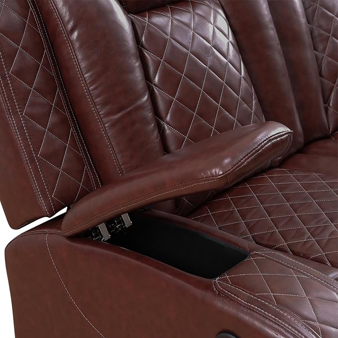 Power Reclining Sectional Sofa Set with LED Lights, Vegan Leather Recliner Sectional Couch for Living Room Furniture,Wireless Charging/USB Charging/Reading Lamp/Armrest Storage,Wine Red