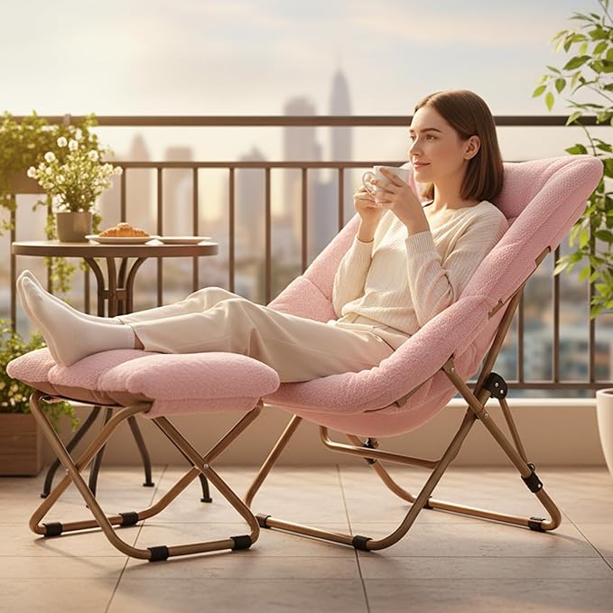 Tiita Folded Chair with Straight Ottoman, Soft Faux Fur Oversized Folding Accent Chair,Lazy Chair, Metal Frame Moon Chair for Bedroom, Living Room, Dorm Rooms, Garden and Courtyard, Pink
