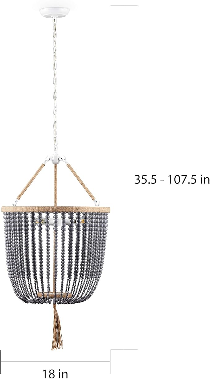 SAFAVIEH Lighting Collection – Angie Boho Farmhouse Grey 3-Light Beaded Adjustable Pendant Chandelier with Tassel, LED Bulbs Included (LIT4476C)