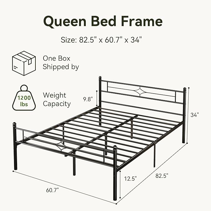 Queen Size Metal Platform Bed Frame with Vintage Headboard and Footboard, Sturdy Queen Bed Frame, 12.5 Inch Under Bed Space, No Box Spring Needed, Easy to Assemble, Noise Free, Black