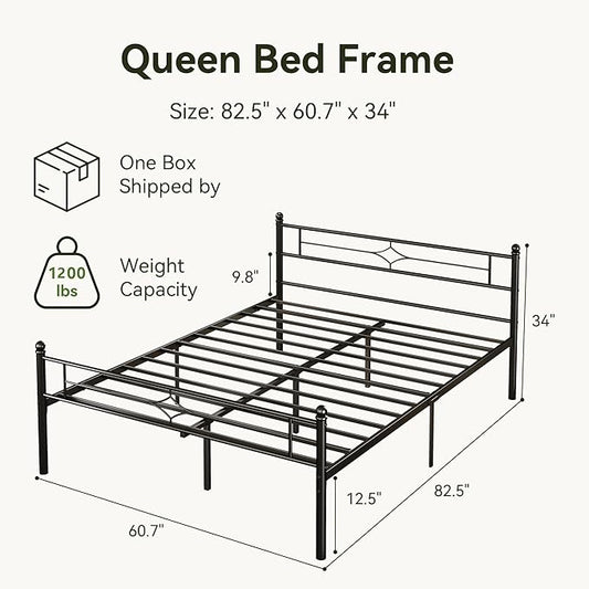 Queen Size Metal Platform Bed Frame with Vintage Headboard and Footboard, Sturdy Queen Bed Frame, 12.5 Inch Under Bed Space, No Box Spring Needed, Easy to Assemble, Noise Free, Black