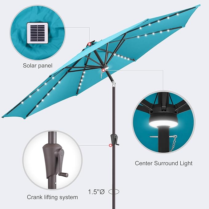 10ft Solar Umbrella Outdoor - Lighted Solar Patio Umbrella with 40 LED Lights Waterprool UV Protection, Table Umbrella with Tilt for Pool, Porch, Garden, Deck, Backyard (Aqua Blue)