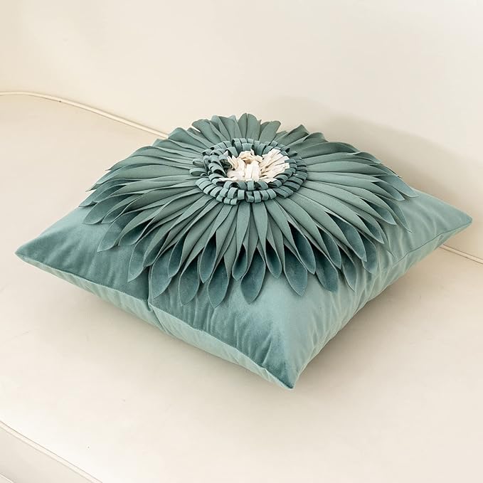 Alerfa 3D Flower Handmade Throw Pillow Cover Decorative Green Velvet Pillowcase Cushion Cover with Hidden Zipper for Couch Bed Living Room Home Decor 20 x 20 Inches