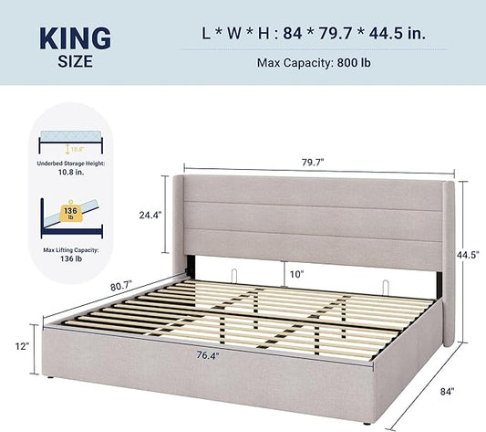 Allewie King Size Lift Up Storage Bed, Modern Wingback Headboard, Hydraulic Support, No Box Spring Needed, Light Beige