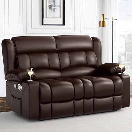 Loveseat Recliner Sofa, PU Leather Reclining Loveseat with USB Charge Ports, Cup Holders, 2 Seater Manual Pull Tab Recliner Loveseat Couches for Living Room, Brown