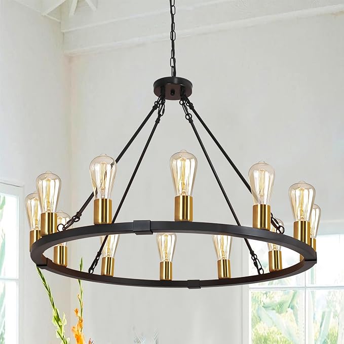31.5“ 12 Light Wagon Wheel Chandelier Black Gold, Farmhouse Chandelier, Rustic Dining Room Light Fixture, Vintage Round Pendant Lighting for Kitchen Living Room Dining Room Foyer