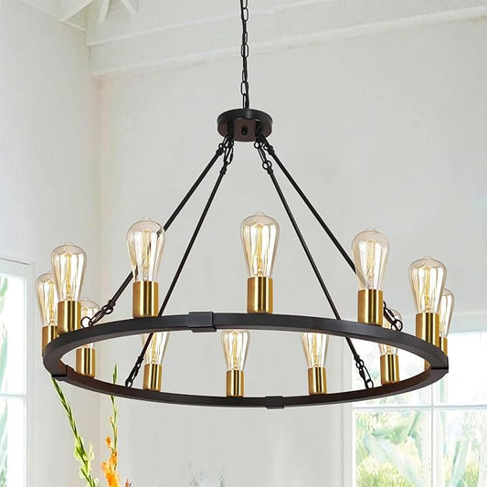 31.5“ 12 Light Wagon Wheel Chandelier Black Gold, Farmhouse Chandelier, Rustic Dining Room Light Fixture, Vintage Round Pendant Lighting for Kitchen Living Room Dining Room Foyer