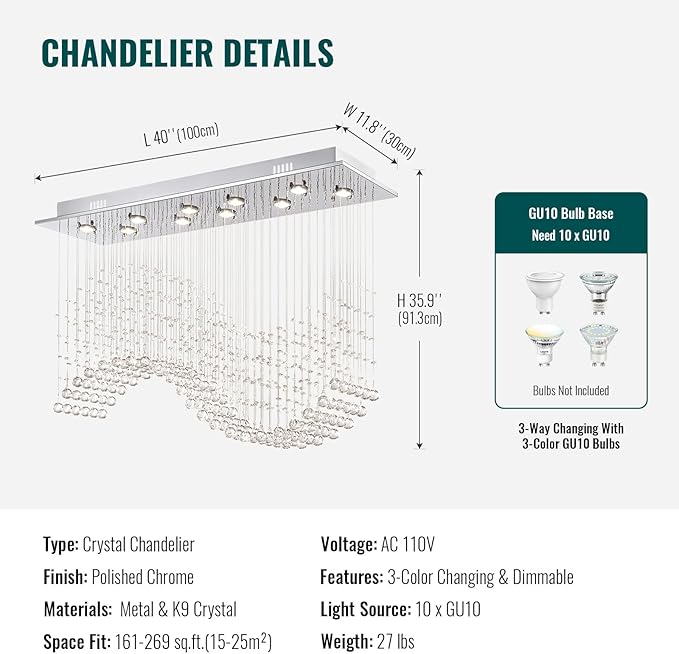 Siljoy 10 Lights Rectangle Wave Raindrop Crystal Chandelier Modern Rectangular Flush Mount Crystal Ceiling Light for Dining Room Living Room Kitchen Island L40'' x W11.8'' x H35.4''