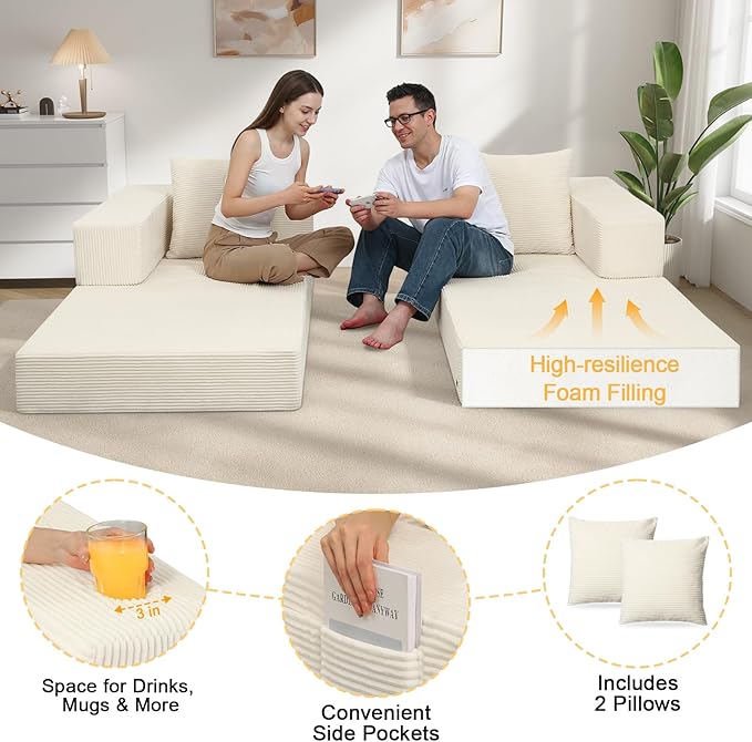 COMAX Boneless Couch, Futon Sofa Bed Couches Versatile Queen for Living Room, 79" 4 in 1 Convertible Sleeper Corduroy Couch Foam in a Box, Foldable Fold Out Floor Mattress No Assembly Required, Beige