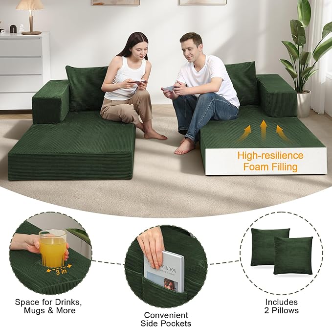 COMAX Queen Size Boneless Couch, 79" Futon Sofa Bed Couches for Living Room, 4 in 1 Convertible Sleeper Sofa Corduroy Couch Bed Foam in a Box, Foldable Cloud Couch Floor Mattress, Green