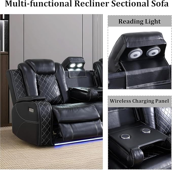 Power Recliner Sectional Sofa with LED, Breathing Leather Reclining Sectional Couch, L Shaped Couch with Dual Recliners, USB Port, Cup Holder&Storage (Black, Sectional+Loveseat(8 Seats))