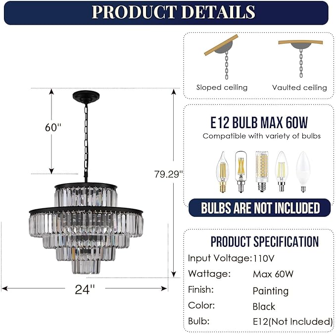Black Modern Crystal Chandelier Pendant Ceiling Lights Chandeliers Lighting Fixture for Dining Living Room Foyer Hallway 13-Lights (Dia 24 Inch)