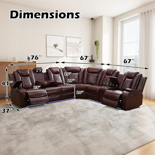 Power Reclining Sectional Sofa Set with LED Lights, Vegan Leather Recliner Sectional Couch for Living Room Furniture,Wireless Charging/USB Charging/Reading Lamp/Armrest Storage,Wine Red