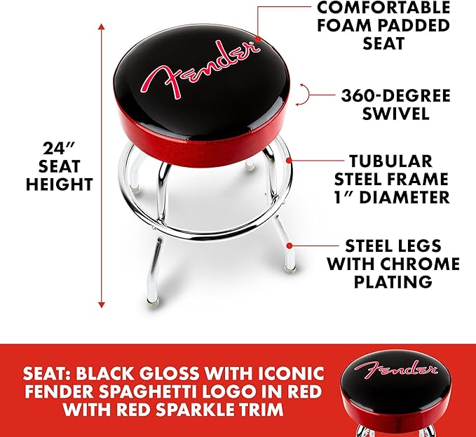 Fender Red Sparkle Logo Swivel Barstool, Great Gifts for Dad, with 1 Year Limited Warranty, Simple Assembly, Black/Black, 24"