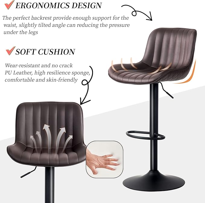 YOUNUOKE Bar Stools Set of 2 Adjustable Counter Height Barstools PU Leather Upholstered Stool with Back Mid Century Modern Chairs for Home Kitchen Island, Brown