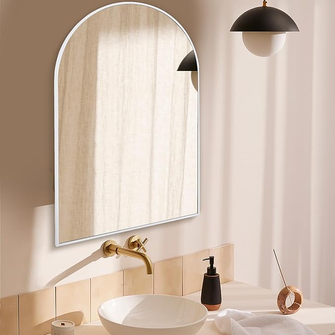 Arched White Bathroom Mirror,20 x 30 Inch Arch Wall Mirror with Wood Frame,Vanity Modern Tempered Glass Mirror for Bedroom,Entryway,Living Room