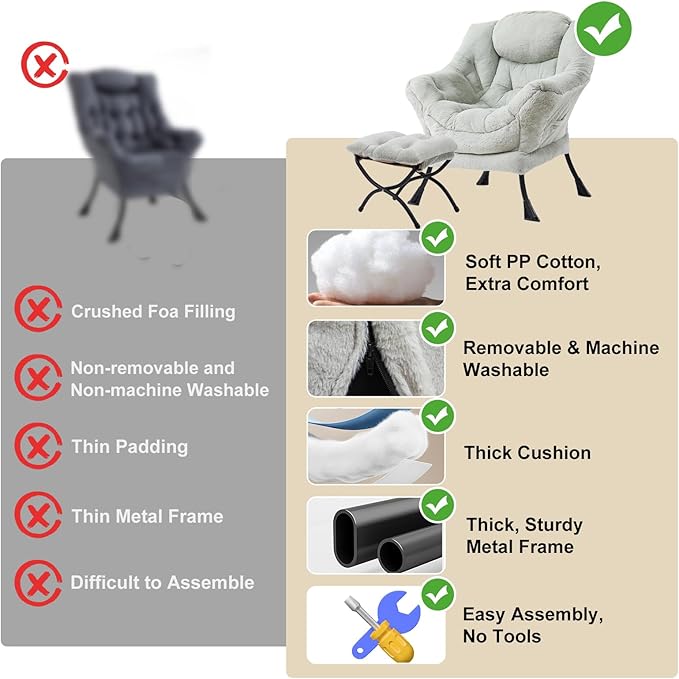 Lazy Chair with Ottoman, Modern Chair with Folding Footrest, Plush Green Accent Chair, Comfortable Reading Chair, Oversized Armchairs for Bedroom, Study, Living Room, Courtyard