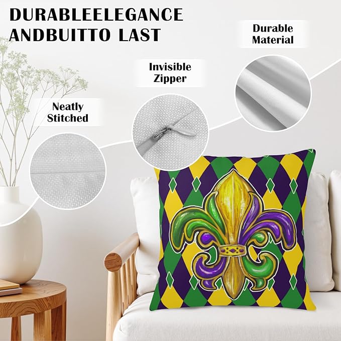 Mardi Gras Pillow Covers 16x16 Set of 2 Purple Gold Green Fleur De Lis Outdoor Throw Pillow Covers Holiday Farmhouse Cushion Covers for Home Sofa Couch Party Decor