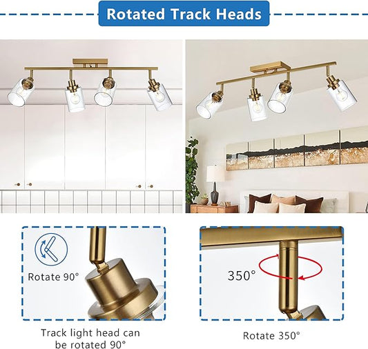 MELUCEE 4 Light Track Lighting Kit Brass Bathroom Vanity Light Fixtures with Adjustable Track Head Ceiling Spotlight Fixture for Hallway Porch Foyer Storage, Clear Glass Shade