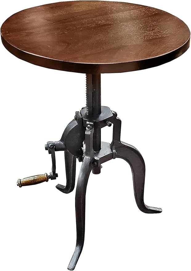 NACH Solid Mango Wood/Cast Iron Kai Adjustable Crank Side Table, 18" x 1.13" x 18-27", Black, CC-1816