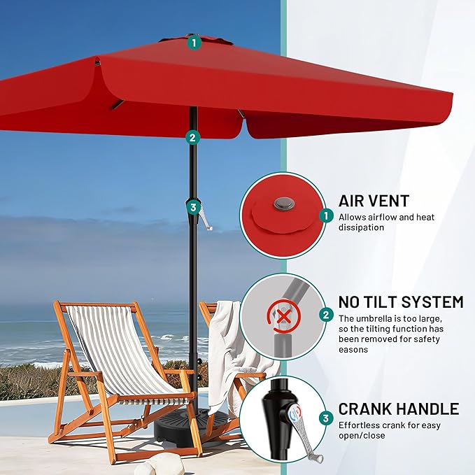 AreShark 8 X 10 FT Large Rectangular Patio Umbrella with Valance, Outdoor Table Market Umbrella w/Crank & 8 Ribs, Rectangle Outdoor Umbrellas for Garden, Deck, Yard and Poolside, Red