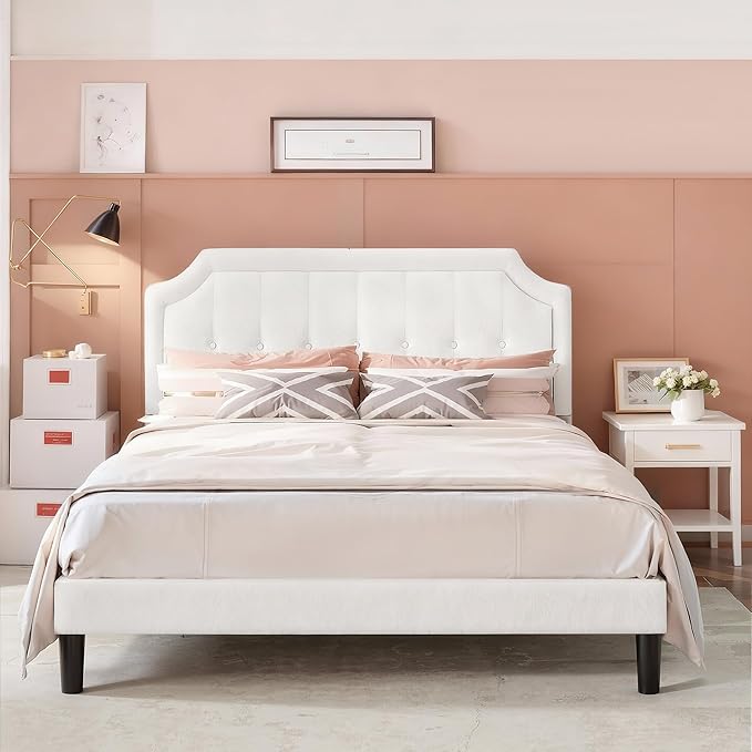 VECELO Queen Size Bed Frame with Velvet Upholstered Headboard, Platform Bedframe Mattress Foundation, Sturdy Wooden Slats Support,No Box Spring Needed Noise Free/Easy Assembly, Off White