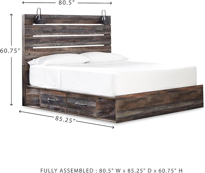 Signature Design by Ashley Drystan Rustic King Panel Platform Bed with 4 Storage Drawers, Open Cubbies, Sconce LED Lights and USB Ports, Foundation or Box Spring Not Needed, Dark Brown & Gray