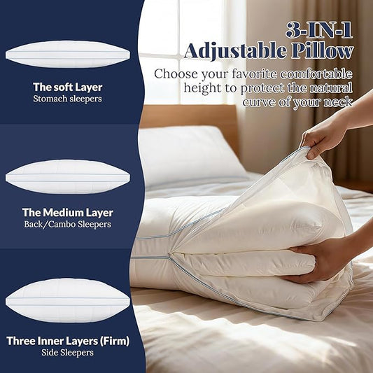 Adjustable Pillows Bed Pillow Queen Size Set of 2 - Luxury Hotel Collection Pillow for Sleeping, Customizable Firmness & Height Pillow for Back, Stomach or Side Sleepers, 2 Pack