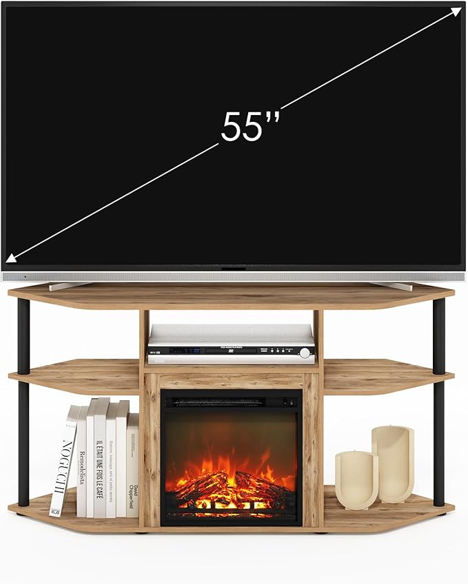 Furinno Jensen Fireplace TV Stand, Corner Entertainment Center, TV Console for TV up to 55 Inch with Fireplace, Plastic Poles and Open Storage, for Living Room, Bedroom, Flagstaff Oak