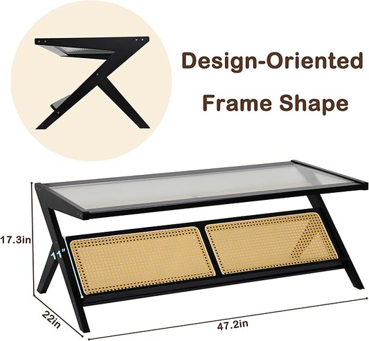 Bamboo Coffee Table, Accent Rattan Coffee Table with Glass Top, Mid-Century Wooden Center Tables, Modern Sofa Side Tea Tables with Storage for Living Room, Black