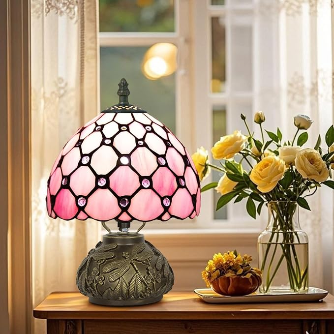Small Tiffany Table Lamp,Stained Glass Lamp,8 Inch Mushroom Style Mini Vintage Desk Lights for Bedside, Bedroom,Nightstand,Living Room,3 Color Temperature (Pink)