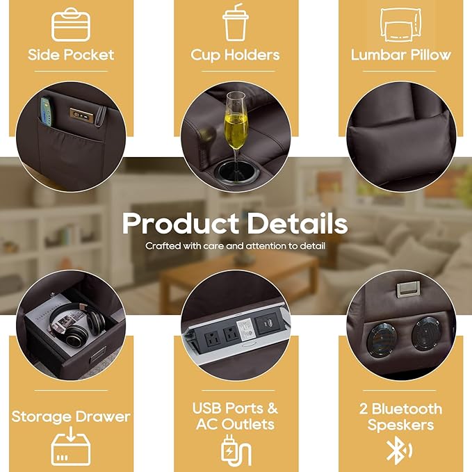 IPKIG Power Recliner Sofa with Flip-Up Backrest Console, USB & USB-C Ports, AC Outlet, LED Lights, Wall Hugger Recliners for Living Room, RV (Brown, 98.7" - 4 Seat) | Faux Leather, Zero Gravity, Dual Reclining, 2 Lumabr Pillow