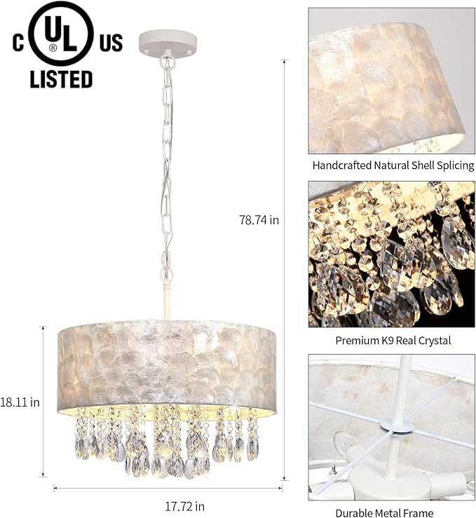 Q&S Boho Coastal Capiz Shell Crystal Chandelier,Modern Glam Luxe Drum D18 inch 4-Light Pendant Light Fixture for Dining Room Living Room Bedroom Kitchen Island Foyer UL Listed