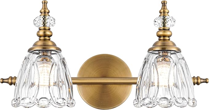 Brass Vanity Light, Farmhouse Brushed Gold Bathroom Light Fixtures, 2 Light Bathroom Vanity Lights, Flower Glass Shade Wall Sconce Lighting