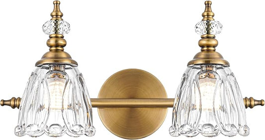 Brass Vanity Light, Farmhouse Brushed Gold Bathroom Light Fixtures, 2 Light Bathroom Vanity Lights, Flower Glass Shade Wall Sconce Lighting