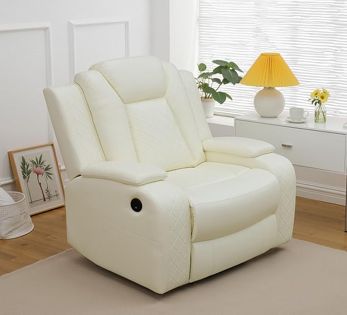 Power Recliner Sofa Set with LED, Breathing Leather Living Room Set 3 Piece, Reclining Couch and Two Chair with USB Port&Storage Console (Cream White)