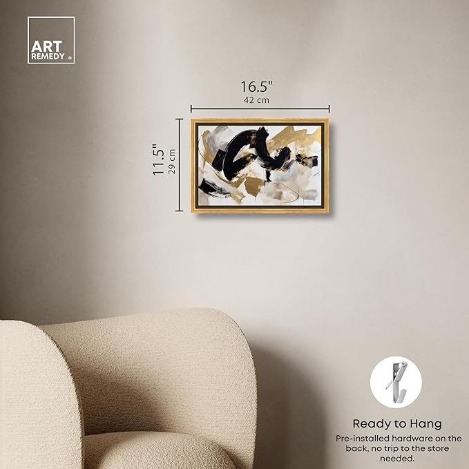 Art Remedy Moved Abstraction Canvas Modern Black White Abstract Wall Art, Gold Frame, 15" x 10"