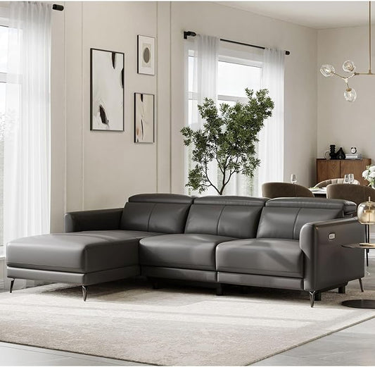 Valencia Andria 99.5" Reclining Leather Sectional Sofa, Reclining Couch with Left Hand Chaise | Italian Nappa 11000 Top Grain Leather | Power Reclining Seat with Adjustable Headrests - Cloudy Grey