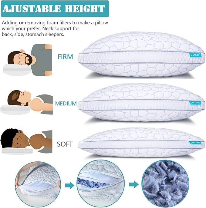 Shredded Memory Foam Pillows 1 Pack, Rayon Derived from Bamboo Pillow Queen Size Set of 1, Cooling Gel Pillows for Sleeping, Adjustable Pillow for Side Stomach and Back Sleepers with Washable Cover