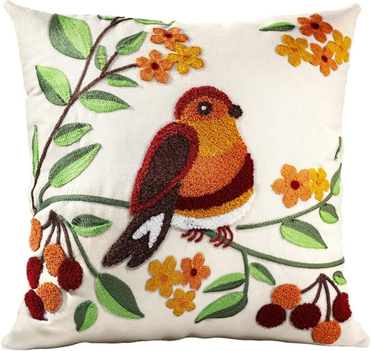 Embroidered Throw Pillow Cover - 20x20 Decorative Pillow Cover with Zipper Aesthetic Cute Design Boho Spring Summer Throw Pillowcase for Living Room Couch Sofa Bed, Tree Bird