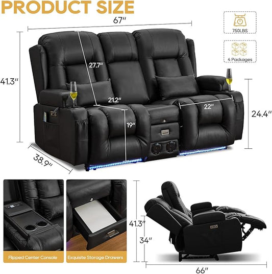 IPKIG Power Recliner Sofa with Flip-Up Backrest Console, USB & USB-C Ports, AC Outlet, LED Lights, Wall Hugger Recliners for Living Room, RV (Black, 67" - 3 Seat) | Faux Leather, Zero Gravity, Dual Reclining, 2 Lumabr Pillow, Bluetooth Speakers