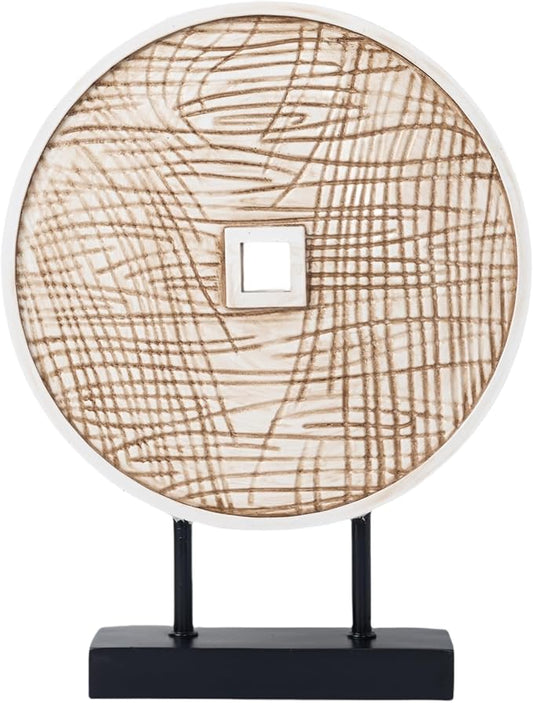 Unique Round Coin Sculpture Decorative Objects for Shelf Home Decor Accents, Modern Abstract Tabletop Decor Items for Living Room Fireplace Mantel, Above Cabinet (Vintage White)