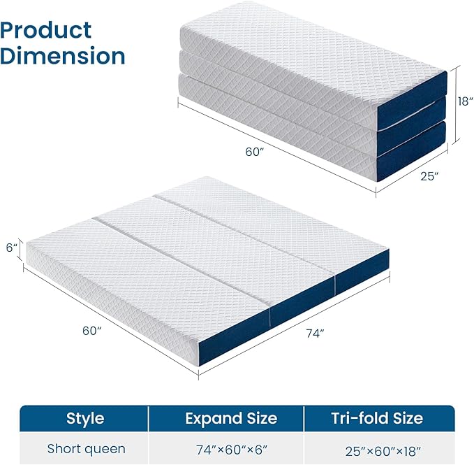 Inofia Short Queen Size 6 Inch Folding Mattress, Trifold Gel Memory Foam Bed, Foldable Floor Mattress with Removable Cover, Portable Floor Guest Bed for RV, Camping (74"x60"x6")