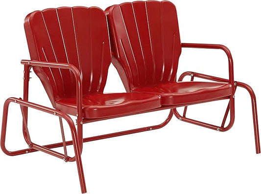 Crosley Furniture Ridgeland Retro Metal Outdoor Loveseat Glider, 2-Person Rocking Patio Bench for Porch, Bright Red Gloss