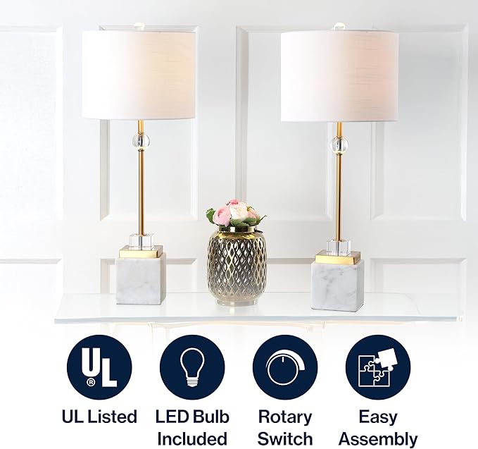 JONATHAN Y 30" White Marble and Brass Gold LED Table Lamp Set of 2, Modern Glam Crystal Pedestal Lamps for Living Room Bedroom, White Linen Shade, LED Bulbs Included JYL5008A-SET2