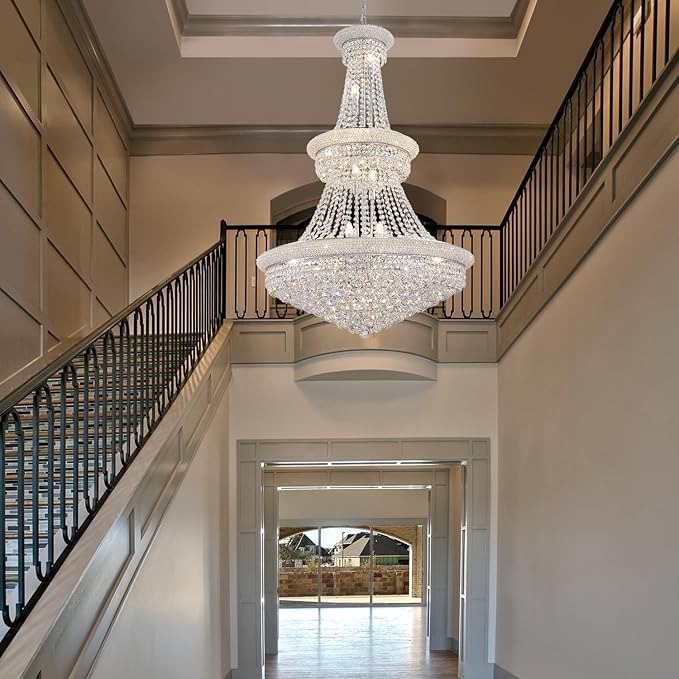 High Ceiling Chandelier 19-Lights Modern Crystal Chandeliers Silver Large Foyer Chandelier Fixtures for Staircase Living Room Hallway Entryway (H47 x W31.5)